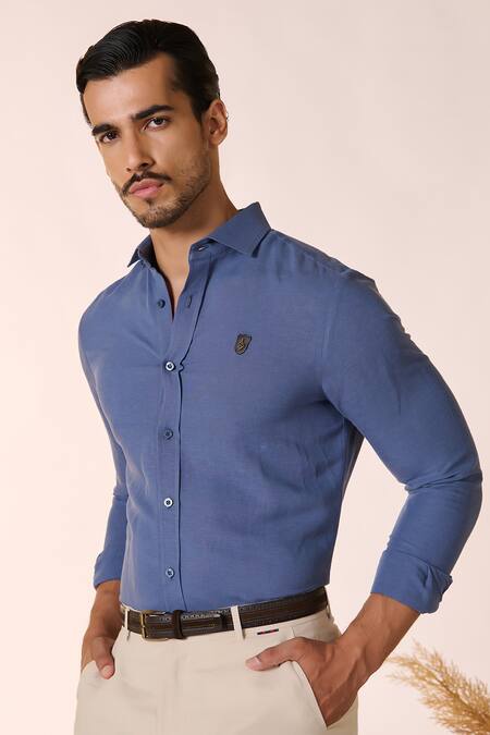 Shop_S&N By Shantnu Nikhil_Blue Linen, Rayon Embroidery Crest Embellished Pattern Shirt _Online_at_Aza_Fashions
