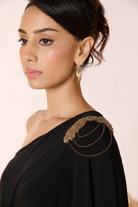 S&N By Shantnu Nikhil_Black Cotton, Lycra, Polyester Brooches, Zari Draped One Shoulder Gown _Online_at_Aza_Fashions