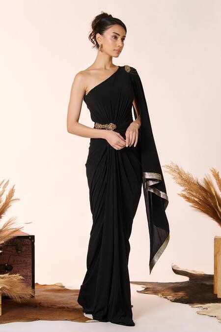 Shop_S&N By Shantnu Nikhil_Black Cotton, Lycra, Polyester Brooches, Zari Draped One Shoulder Gown _Online_at_Aza_Fashions