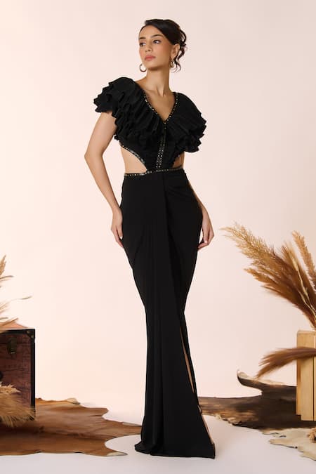 S&N by Shantnu Nikhil Black Poly Jersey Placement Embellishments Gold Frilled Bodice Cut Out Gown 