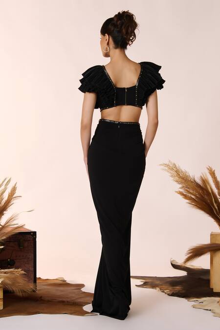 Shop S&N By Shantnu Nikhil Black Polyester Embroidery V-neck Frilled Bodice Cut Out Gown at Aza Fashions Shop_S&N By Shantnu Nikhil_Black Polyester Embroidery V-neck Frilled Bodice Cut Out Gown_at_Aza_Fashions