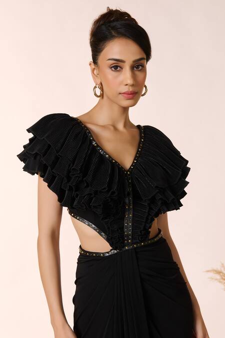 S&N By Shantnu Nikhil Black Polyester Embroidery V-neck Frilled Bodice Cut Out Gown Online at Aza Fashions S&N By Shantnu Nikhil_Black Polyester Embroidery V-neck Frilled Bodice Cut Out Gown_Online_at_Aza_Fashions