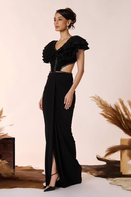 Buy S&N By Shantnu Nikhil Black Polyester Embroidery V-neck Frilled Bodice Cut Out Gown Online at Aza Fashions Buy_S&N By Shantnu Nikhil_Black Polyester Embroidery V-neck Frilled Bodice Cut Out Gown_Online_at_Aza_Fashions