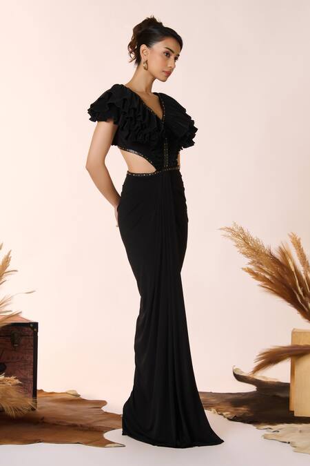 Shop S&N By Shantnu Nikhil Black Polyester Embroidery V-neck Frilled Bodice Cut Out Gown Online at Aza Fashions Shop_S&N By Shantnu Nikhil_Black Polyester Embroidery V-neck Frilled Bodice Cut Out Gown_Online_at_Aza_Fashions