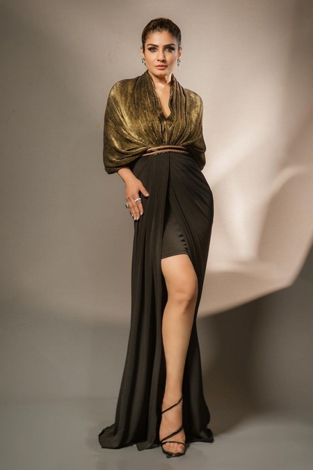S&N By Shantnu Nikhil Gold Faux Leather, Polyester Cowl Neck Draped Bodice Gown 
