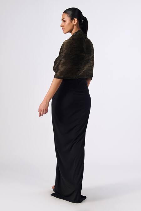Shop_S&N By Shantnu Nikhil_Gold Faux Leather, Polyester Cowl Neck Draped Bodice Gown _at_Aza_Fashions