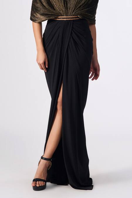 S&N By Shantnu Nikhil_Gold Faux Leather, Polyester Cowl Neck Draped Bodice Gown _Online_at_Aza_Fashions