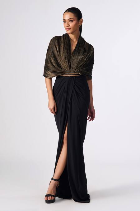 Buy_S&N By Shantnu Nikhil_Gold Faux Leather, Polyester Cowl Neck Draped Bodice Gown _Online_at_Aza_Fashions