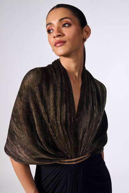 Shop_S&N By Shantnu Nikhil_Gold Faux Leather, Polyester Cowl Neck Draped Bodice Gown _Online_at_Aza_Fashions
