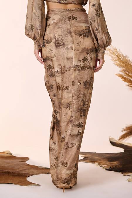 Shop S&N By Shantnu Nikhil Beige Silk, Twill Safari Print Draped Skirt at Aza Fashions Shop_S&N By Shantnu Nikhil_Beige Silk, Twill Safari Print Draped Skirt_at_Aza_Fashions
