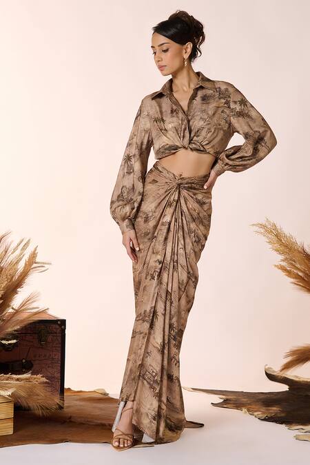 S&N By Shantnu Nikhil Beige Silk, Twill Safari Print Draped Skirt Online at Aza Fashions S&N By Shantnu Nikhil_Beige Silk, Twill Safari Print Draped Skirt_Online_at_Aza_Fashions