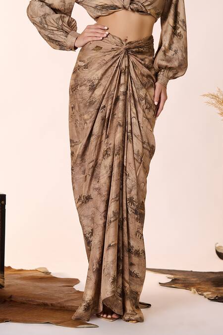 Buy S&N By Shantnu Nikhil Beige Silk, Twill Safari Print Draped Skirt Online at Aza Fashions Buy_S&N By Shantnu Nikhil_Beige Silk, Twill Safari Print Draped Skirt_Online_at_Aza_Fashions