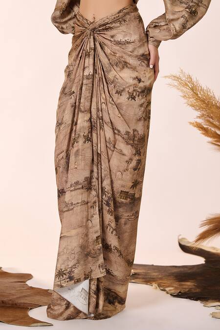 Shop S&N By Shantnu Nikhil Beige Silk, Twill Safari Print Draped Skirt Online at Aza Fashions Shop_S&N By Shantnu Nikhil_Beige Silk, Twill Safari Print Draped Skirt_Online_at_Aza_Fashions