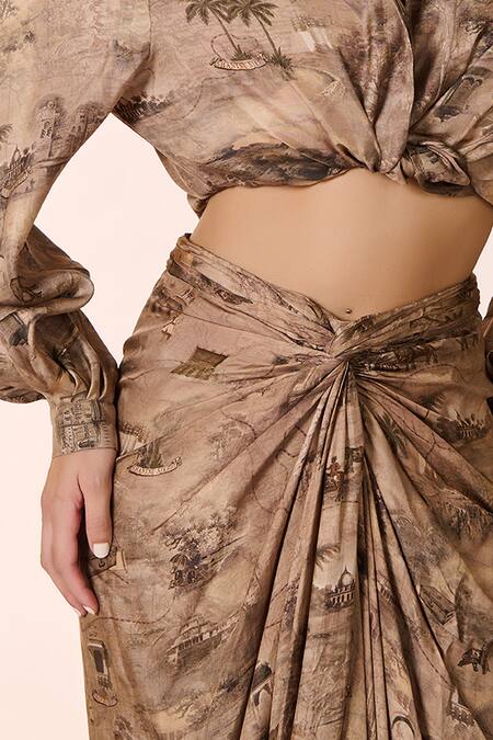 S&N By Shantnu Nikhil Beige Silk, Twill Safari Print Draped Skirt at Aza Fashions S&N By Shantnu Nikhil_Beige Silk, Twill Safari Print Draped Skirt_at_Aza_Fashions