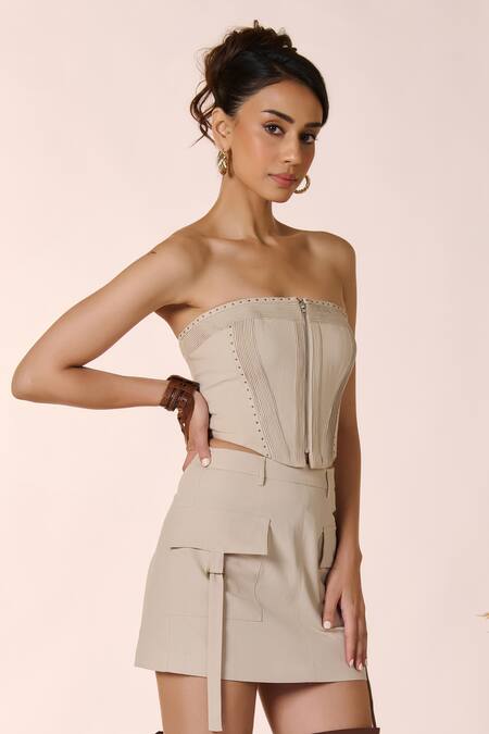 Shop_S&N By Shantnu Nikhil_Beige Rayon Plain Mini Skirt_Online_at_Aza_Fashions