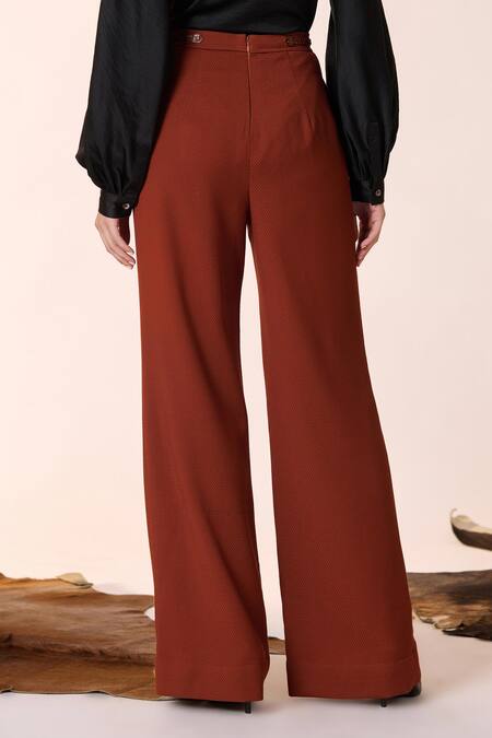 Shop S&N By Shantnu Nikhil Brown Cotton, Net, Faux Leather Retro Flared Trouser at Aza Fashions Shop_S&N By Shantnu Nikhil_Brown Cotton, Net, Faux Leather Retro Flared Trouser_at_Aza_Fashions