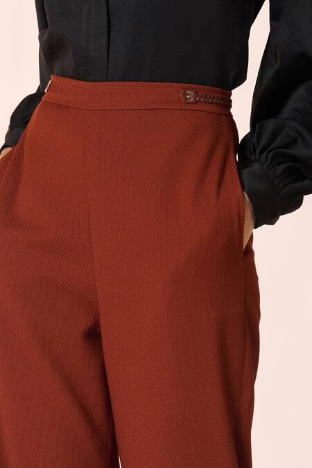 S&N By Shantnu Nikhil Brown Cotton, Net, Faux Leather Retro Flared Trouser Online at Aza Fashions S&N By Shantnu Nikhil_Brown Cotton, Net, Faux Leather Retro Flared Trouser_Online_at_Aza_Fashions