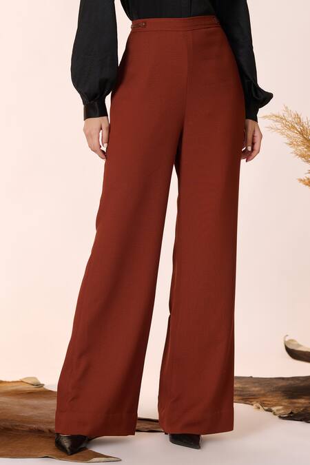 Buy S&N By Shantnu Nikhil Brown Cotton, Net, Faux Leather Retro Flared Trouser Online at Aza Fashions Buy_S&N By Shantnu Nikhil_Brown Cotton, Net, Faux Leather Retro Flared Trouser_Online_at_Aza_Fashions