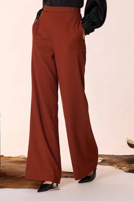 Shop S&N By Shantnu Nikhil Brown Cotton, Net, Faux Leather Retro Flared Trouser Online at Aza Fashions Shop_S&N By Shantnu Nikhil_Brown Cotton, Net, Faux Leather Retro Flared Trouser_Online_at_Aza_Fashions