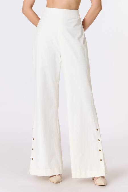 S&N By Shantnu Nikhil_Off White Denim Embroidery Placement Embellished Flared Trouser_Online_at_Aza_Fashions