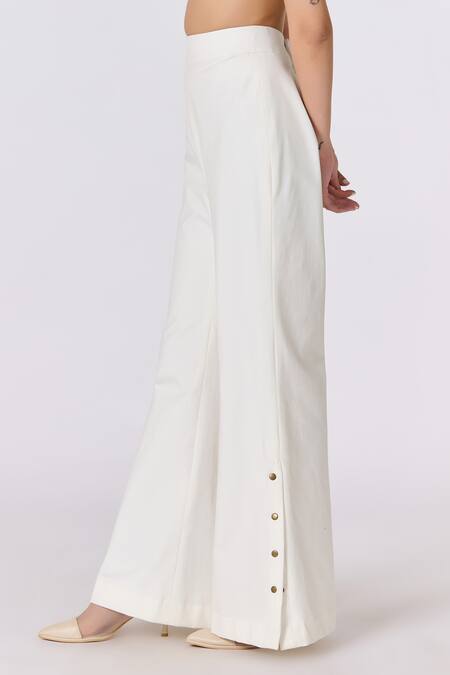 Buy_S&N By Shantnu Nikhil_Off White Denim Embroidery Placement Embellished Flared Trouser_Online_at_Aza_Fashions
