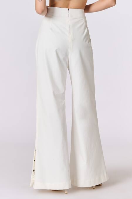 Shop_S&N By Shantnu Nikhil_Off White Denim Embroidery Placement Embellished Flared Trouser_Online_at_Aza_Fashions