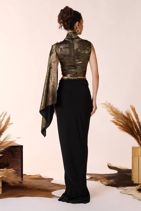 Shop S&N By Shantnu Nikhil Black Faux Leather, Silk High Neck Metallic Finish Draped Top at Aza Fashions Shop_S&N By Shantnu Nikhil_Black Faux Leather, Silk High Neck Metallic Finish Draped Top_at_Aza_Fashions