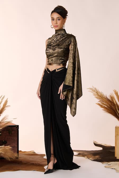 Buy S&N By Shantnu Nikhil Black Faux Leather, Silk High Neck Metallic Finish Draped Top Online at Aza Fashions Buy_S&N By Shantnu Nikhil_Black Faux Leather, Silk High Neck Metallic Finish Draped Top_Online_at_Aza_Fashions
