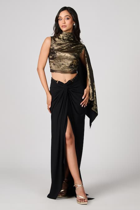 Shop S&N By Shantnu Nikhil Black Faux Leather, Silk High Neck Metallic Finish Draped Top Online at Aza Fashions Shop_S&N By Shantnu Nikhil_Black Faux Leather, Silk High Neck Metallic Finish Draped Top_Online_at_Aza_Fashions