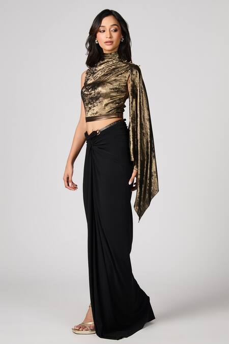 Buy S&N By Shantnu Nikhil Black Faux Leather, Silk High Neck Metallic Finish Draped Top Buy_S&N By Shantnu Nikhil_Black Faux Leather, Silk High Neck Metallic Finish Draped Top