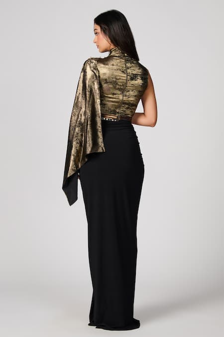 Shop S&N By Shantnu Nikhil Black Faux Leather, Silk High Neck Metallic Finish Draped Top Shop_S&N By Shantnu Nikhil_Black Faux Leather, Silk High Neck Metallic Finish Draped Top