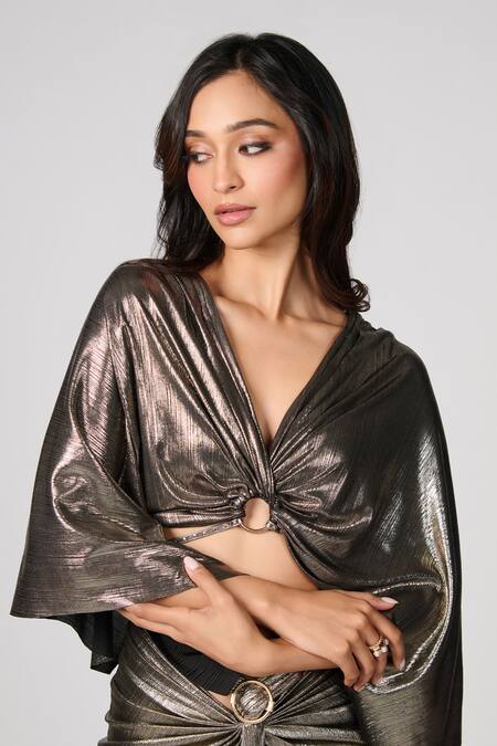 Buy S&N By Shantnu Nikhil Grey Lurex V-neck Metallic Cropped Top Online at Aza Fashions Buy_S&N By Shantnu Nikhil_Grey Lurex V-neck Metallic Cropped Top_Online_at_Aza_Fashions