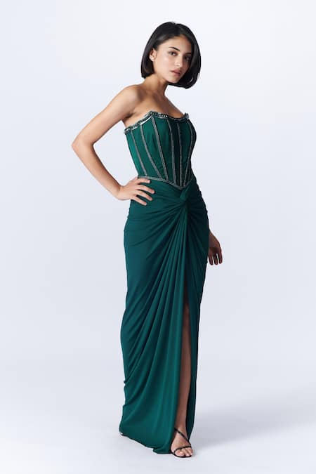 S&N By Shantnu Nikhil_Green Polyester, Satin Scoop Neck Corset Bodice Draped Gown_Online_at_Aza_Fashions