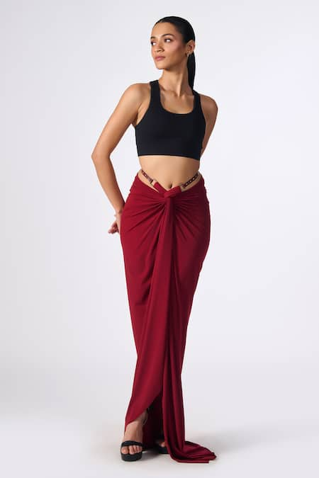 S&N by Shantnu Nikhil Red Poly Jersey Plain Draped Asymmetric Skirt 