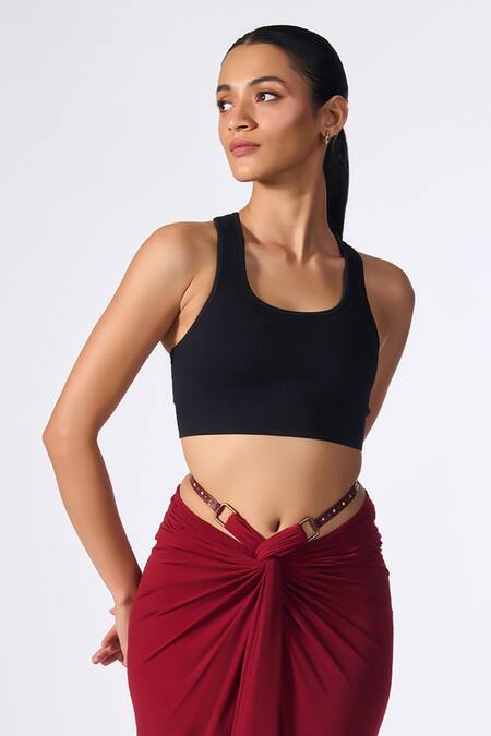 S&N By Shantnu Nikhil_Red Polyester Draped Asymmetric Skirt_Online_at_Aza_Fashions