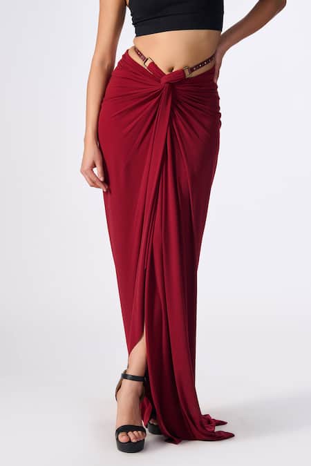 Buy_S&N By Shantnu Nikhil_Red Polyester Draped Asymmetric Skirt_Online_at_Aza_Fashions