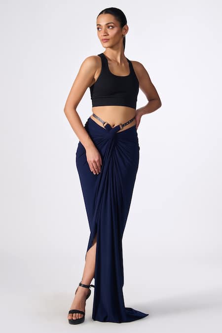 S&N by Shantnu Nikhil Blue Poly Jersey Plain Twisted Draped Asymmetric Skirt 