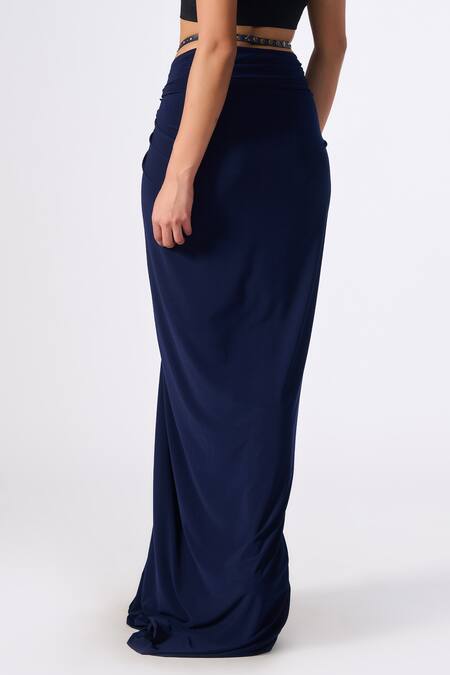 Shop S&N By Shantnu Nikhil Blue Polyester Twisted Draped Asymmetric Skirt at Aza Fashions Shop_S&N By Shantnu Nikhil_Blue Polyester Twisted Draped Asymmetric Skirt_at_Aza_Fashions