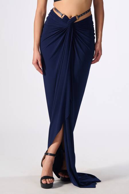 S&N By Shantnu Nikhil Blue Polyester Twisted Draped Asymmetric Skirt Online at Aza Fashions S&N By Shantnu Nikhil_Blue Polyester Twisted Draped Asymmetric Skirt_Online_at_Aza_Fashions