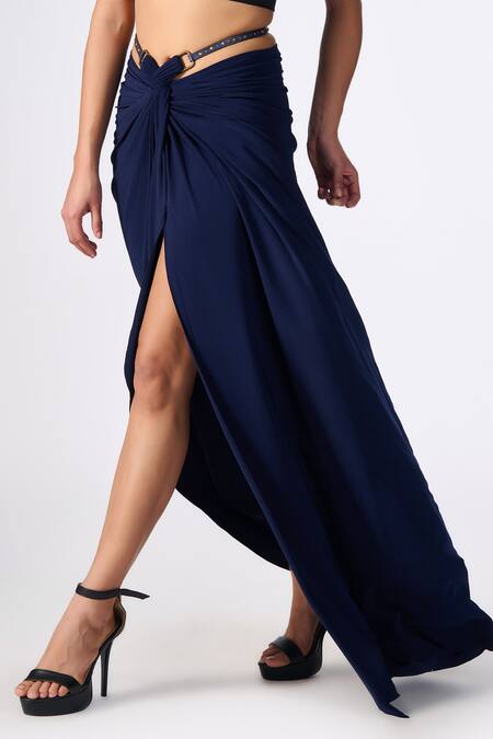 Buy S&N By Shantnu Nikhil Blue Polyester Twisted Draped Asymmetric Skirt Online at Aza Fashions Buy_S&N By Shantnu Nikhil_Blue Polyester Twisted Draped Asymmetric Skirt_Online_at_Aza_Fashions