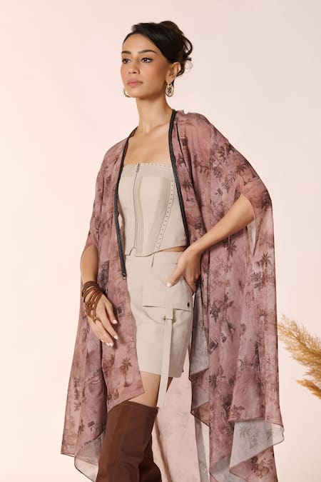 Shop_S&N By Shantnu Nikhil_Beige Safari Print Cape_Online_at_Aza_Fashions