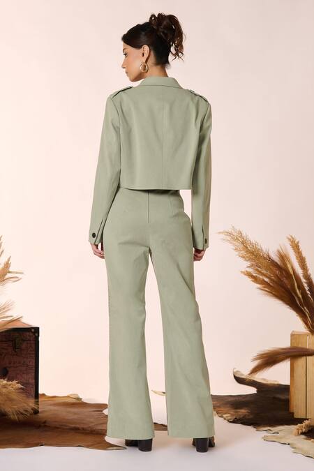 Shop S&N By Shantnu Nikhil Green Cotton, Tencel Collared Pocket Detail Crop Military Jacket at Aza Fashions Shop_S&N By Shantnu Nikhil_Green Cotton, Tencel Collared Pocket Detail Crop Military Jacket_at_Aza_Fashions