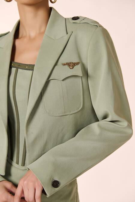 S&N By Shantnu Nikhil Green Cotton, Tencel Collared Pocket Detail Crop Military Jacket Online at Aza Fashions S&N By Shantnu Nikhil_Green Cotton, Tencel Collared Pocket Detail Crop Military Jacket_Online_at_Aza_Fashions