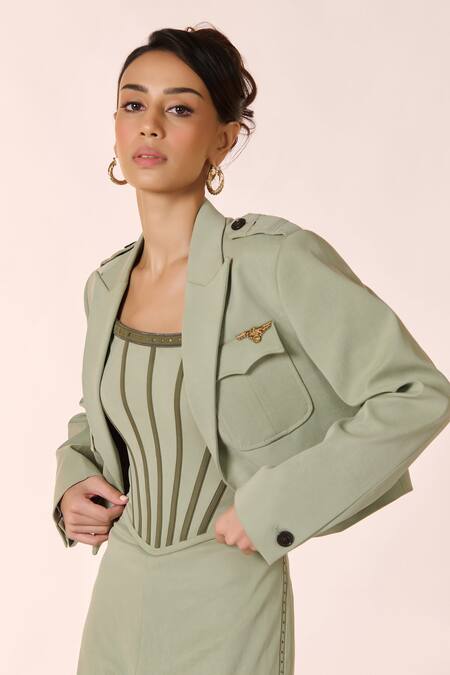 Buy S&N By Shantnu Nikhil Green Cotton, Tencel Collared Pocket Detail Crop Military Jacket Online at Aza Fashions Buy_S&N By Shantnu Nikhil_Green Cotton, Tencel Collared Pocket Detail Crop Military Jacket_Online_at_Aza_Fashions