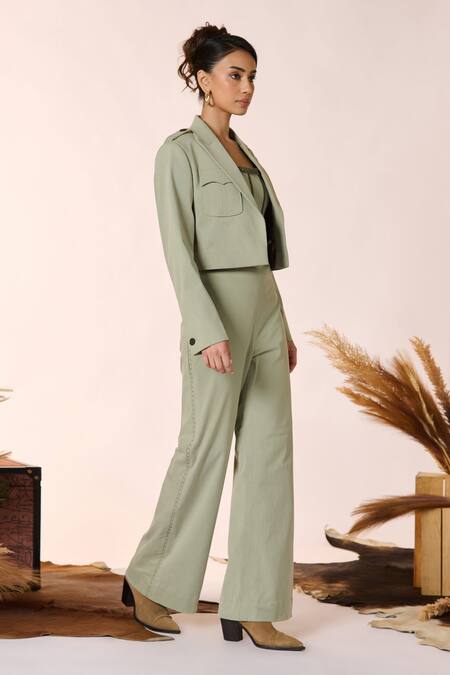 Shop S&N By Shantnu Nikhil Green Cotton, Tencel Collared Pocket Detail Crop Military Jacket Online at Aza Fashions Shop_S&N By Shantnu Nikhil_Green Cotton, Tencel Collared Pocket Detail Crop Military Jacket_Online_at_Aza_Fashions