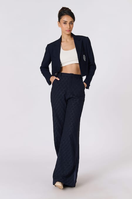 S&N by Shantnu Nikhil Blue Poly Blend Embroidery Cricket Club Crest Lapel Collar Crop Jacket 