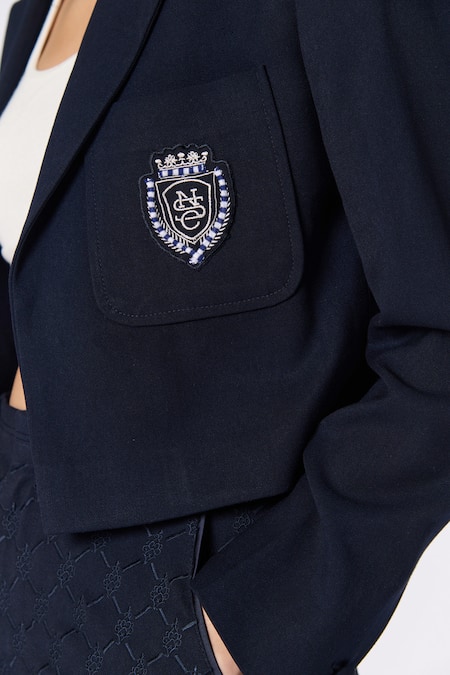 Buy_S&N By Shantnu Nikhil_Blue Lycra, Viscose, Polyester, Tencel Cricket Club Crest Crop Jacket_Online_at_Aza_Fashions