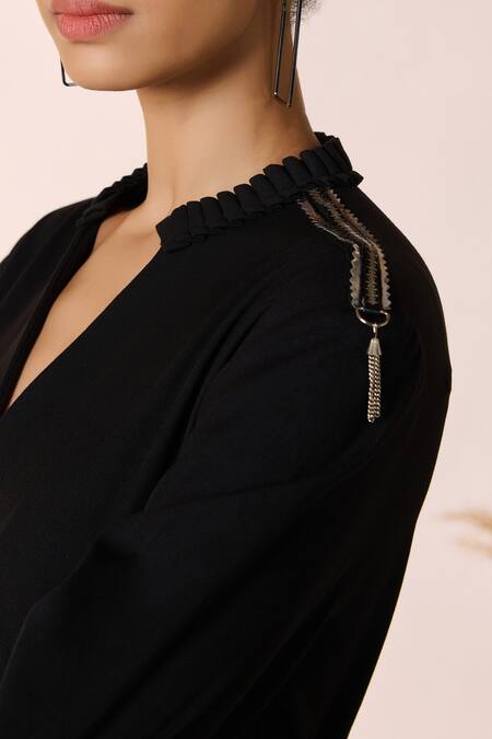 S&N By Shantnu Nikhil_Black Lycra, Viscose, Polyester Mandarin Faux Leather Embellished High Low Dress_Online_at_Aza_Fashions