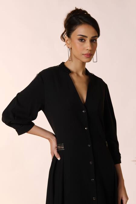 Buy_S&N By Shantnu Nikhil_Black Lycra, Viscose, Polyester Mandarin Faux Leather Embellished High Low Dress_Online_at_Aza_Fashions