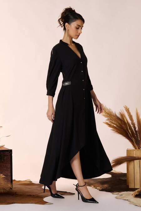 Shop_S&N By Shantnu Nikhil_Black Lycra, Viscose, Polyester Mandarin Faux Leather Embellished High Low Dress_Online_at_Aza_Fashions
